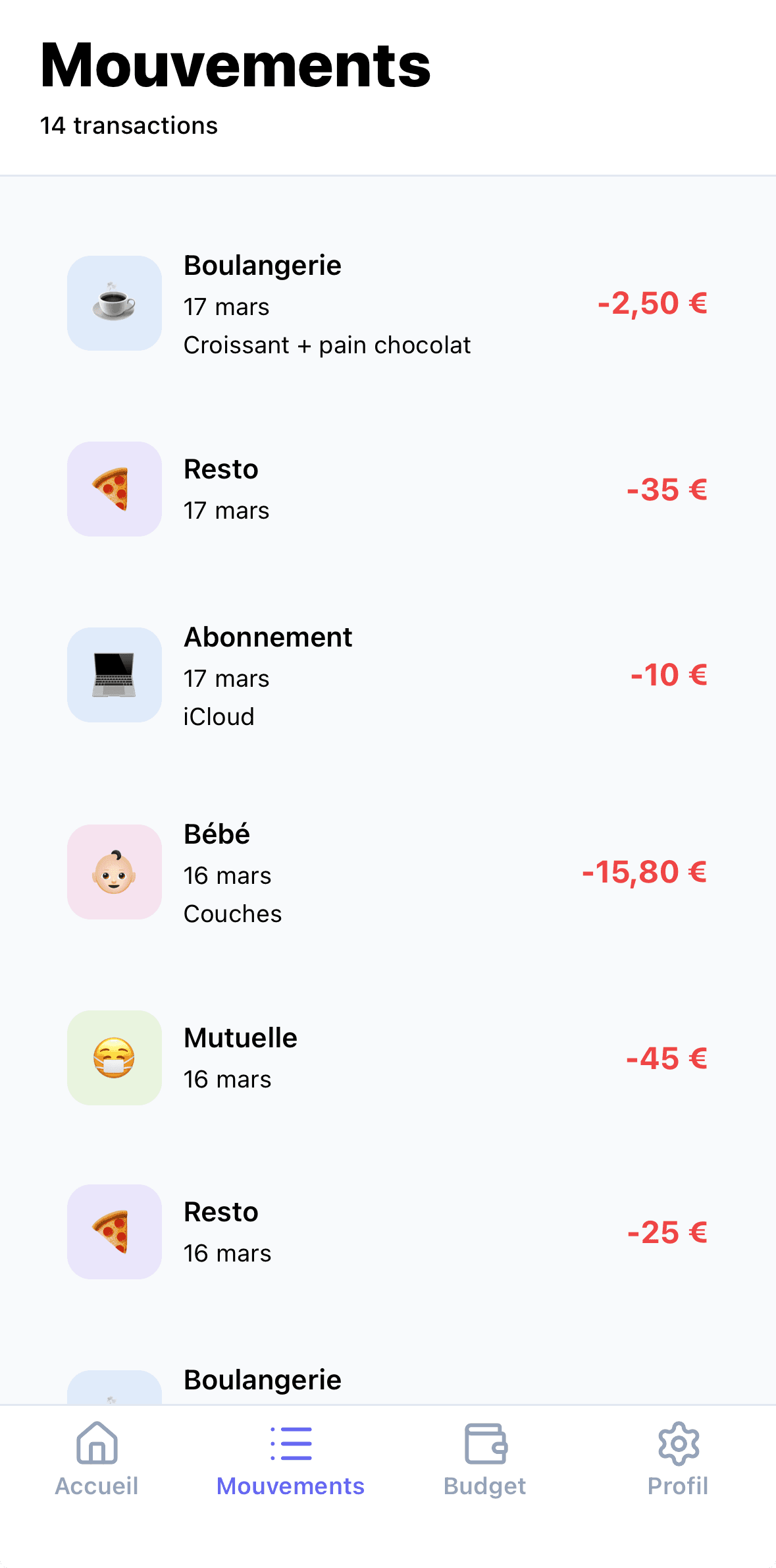 Catégories et dépenses